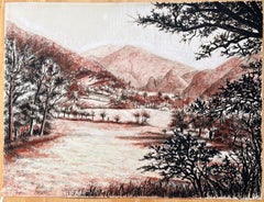 Disegno originale a pastello di un paesaggio montano della metà del secolo scorso
