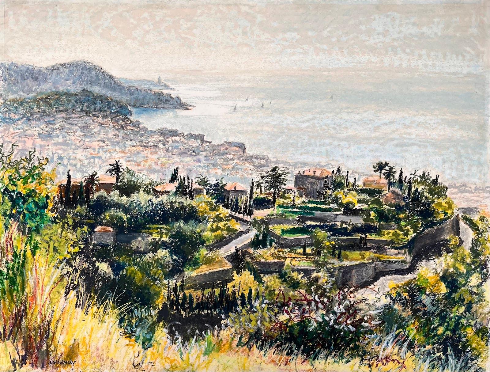Pittura a pastello originale francese di metà secolo - Vista costiera da Hille - Painting di Josine Vignon