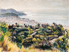 Pittura a pastello originale francese di metà secolo - Vista costiera da Hille