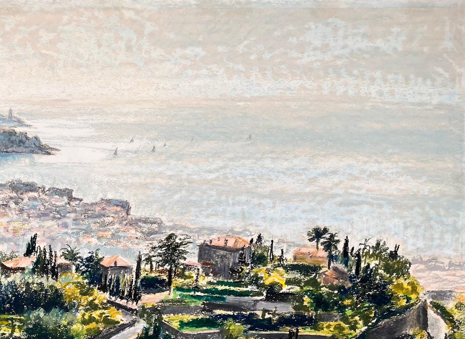 Pittura a pastello originale francese di metà secolo - Vista costiera da Hille - Painting Impressionismo di Josine Vignon