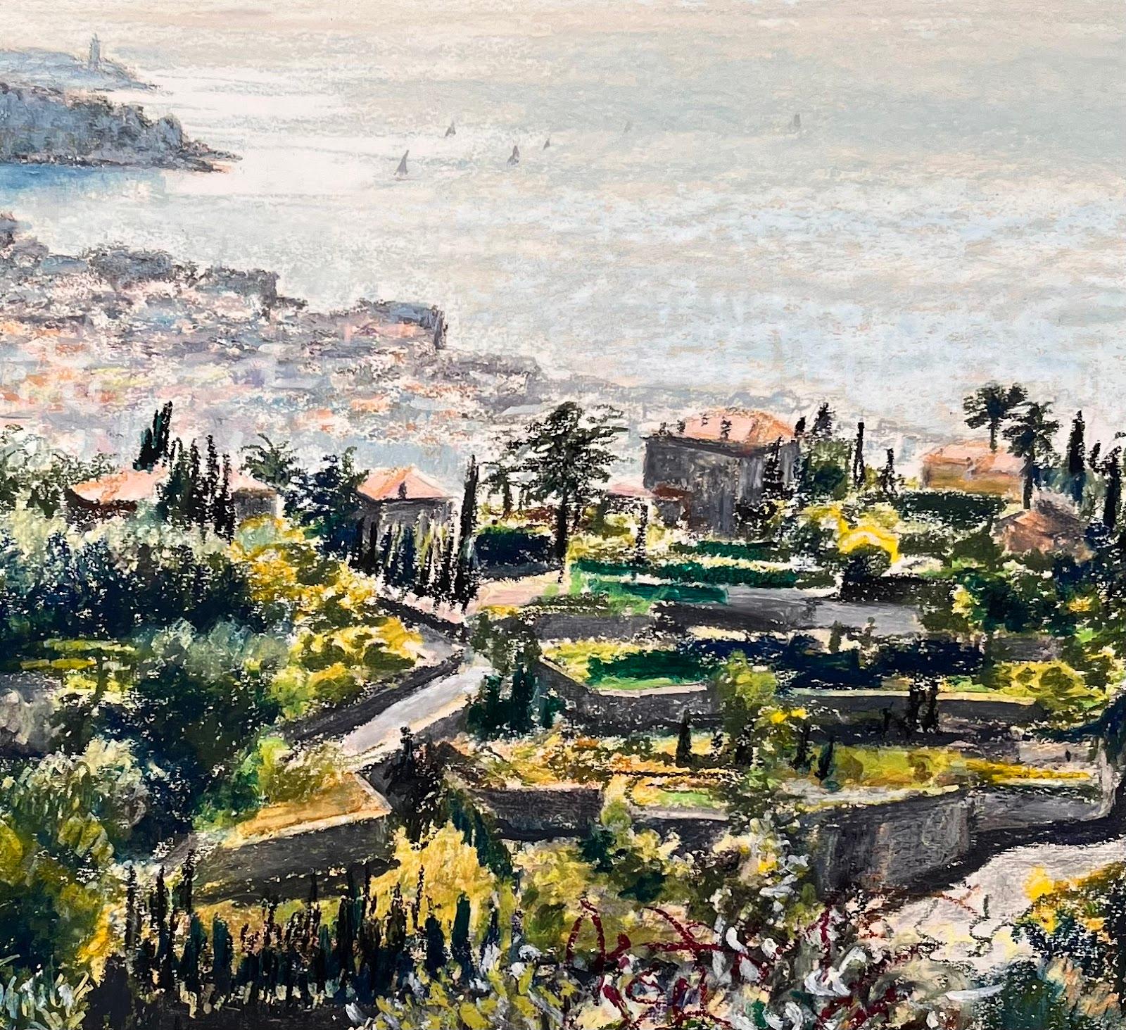 Titolo: Pittura a pastello originale francese della metà del secolo scorso - Vista costiera dalle Hille

Artista: Josine Vignon (francese, 1922-2022)

Medium: Pastello a olio su carta d'artista

Dimensioni: 19,25 (altezza) x 25,25