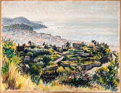 Französisches Original-Pastellgemälde aus der Mitte des Jahrhunderts - Blick auf die Küste von den Hügeln aus