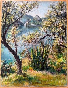Mid Century French Original Pastel Painting Lake View with Blossoming Trees
