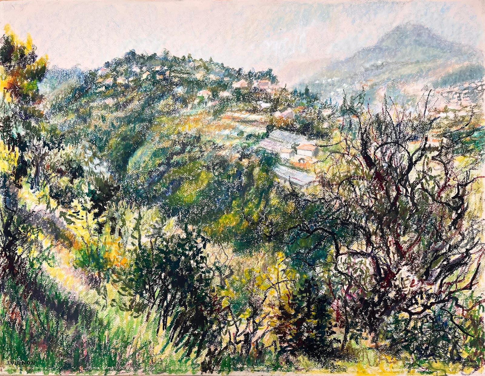 Peinture originale du milieu du siècle Le Mont Chauve et les collines de Nice - Painting de Josine Vignon