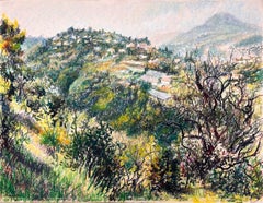 Mid Century French Original Pastel Painting Le Mont Chauve & the Hills of Nice