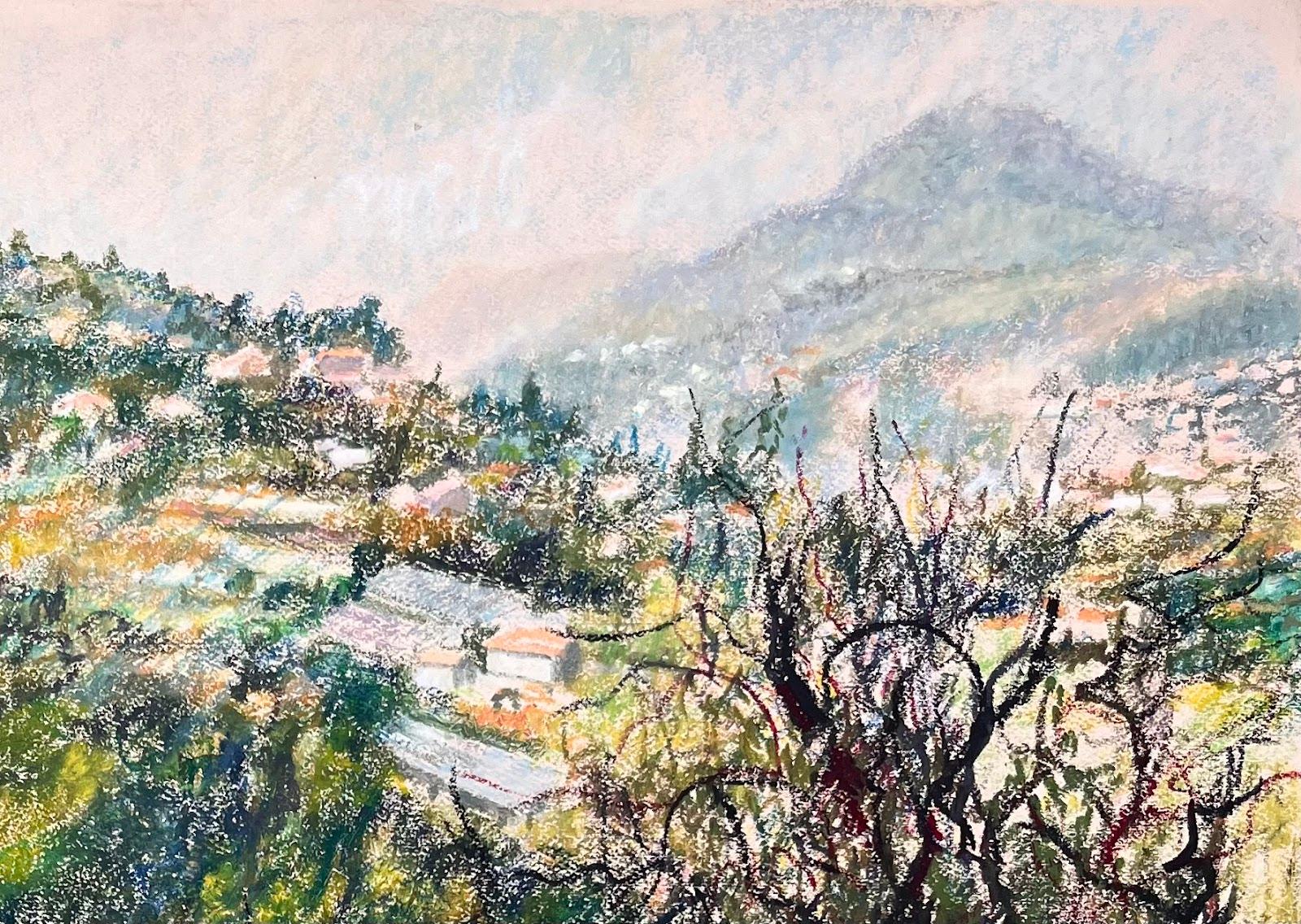 Peinture originale du milieu du siècle Le Mont Chauve et les collines de Nice - Beige Landscape Painting par Josine Vignon