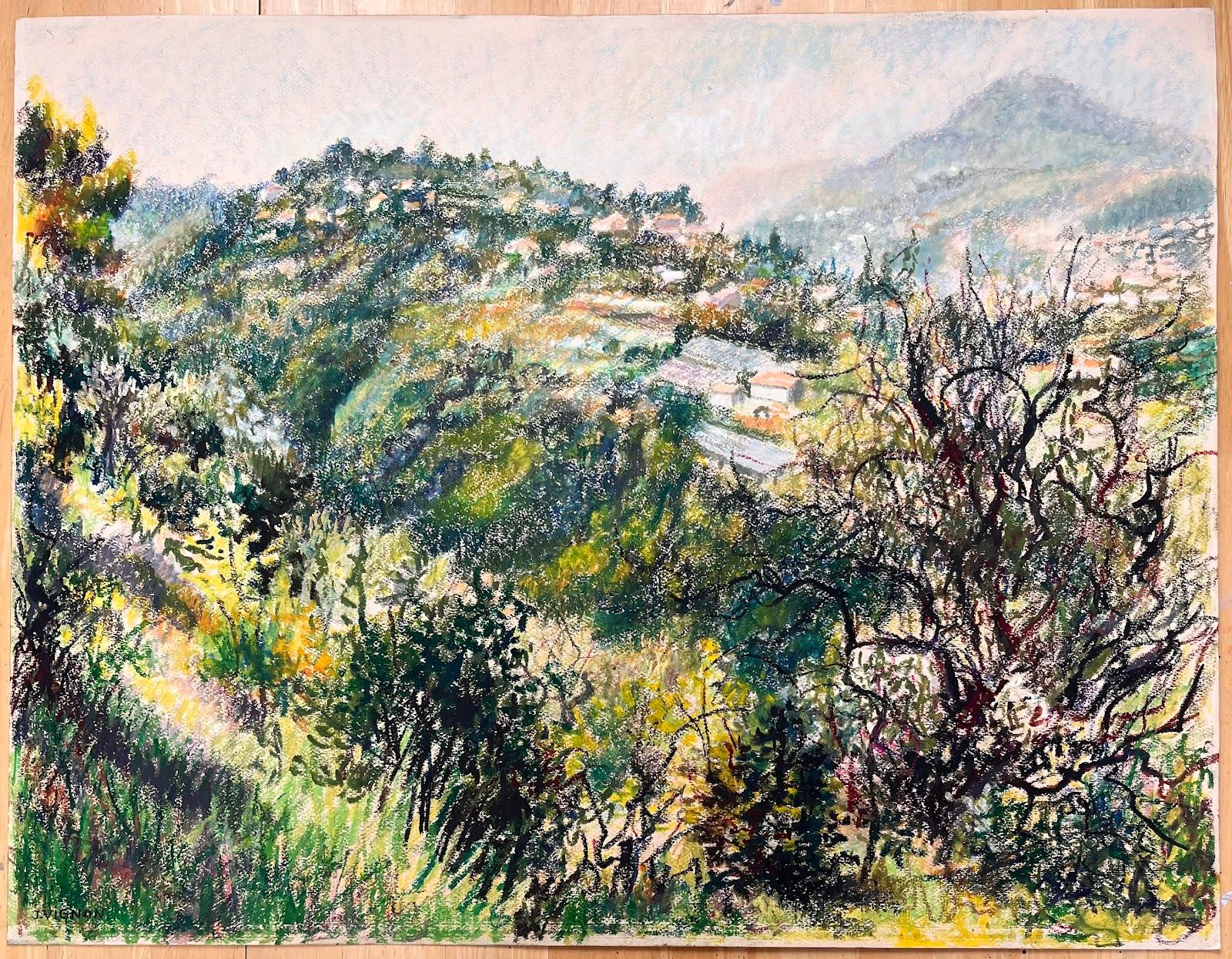 Mid Century French Original Pastel Painting Le Mont Chauve & the Hills of Nice