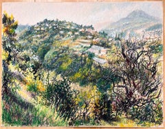 Mid Century French Original Pastel Painting Le Mont Chauve & the Hills of Nice