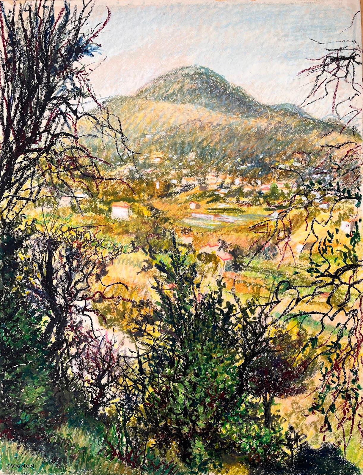 Französisches Original-Pastellgemälde aus der Mitte des Jahrhunderts, üppige Landschaft mit Bergansicht – Painting von Josine Vignon
