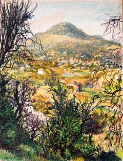 Mid Century French Original Pastel Painting, Lush Landscape with Mountain View