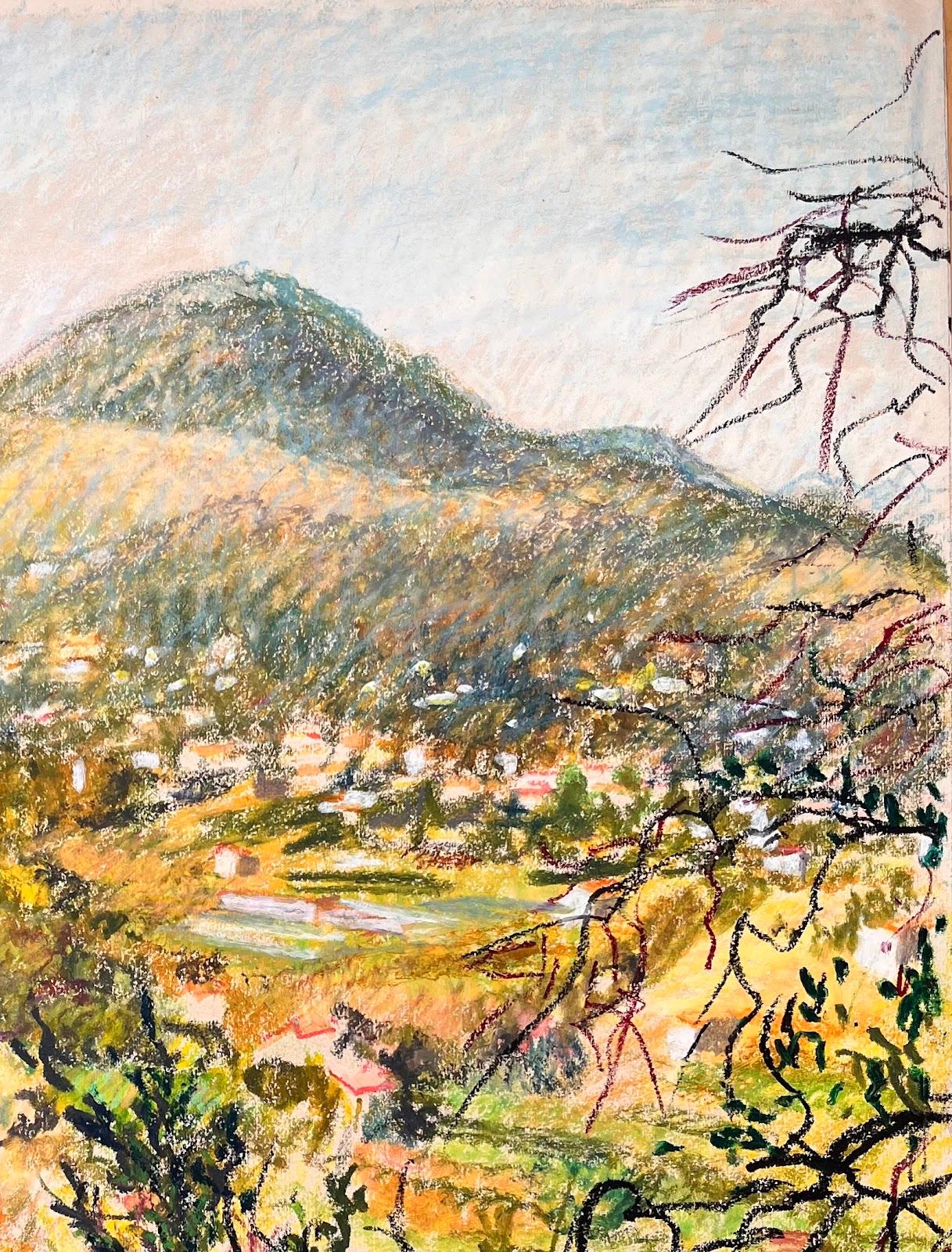 Französisches Original-Pastellgemälde aus der Mitte des Jahrhunderts, üppige Landschaft mit Bergansicht (Impressionismus), Painting, von Josine Vignon