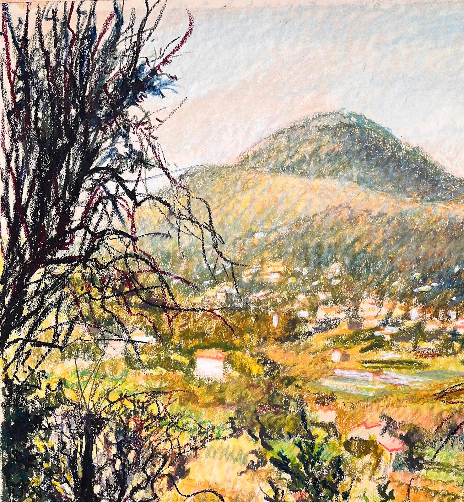 Französisches Original-Pastellgemälde aus der Mitte des Jahrhunderts, üppige Landschaft mit Bergansicht (Beige), Landscape Painting, von Josine Vignon