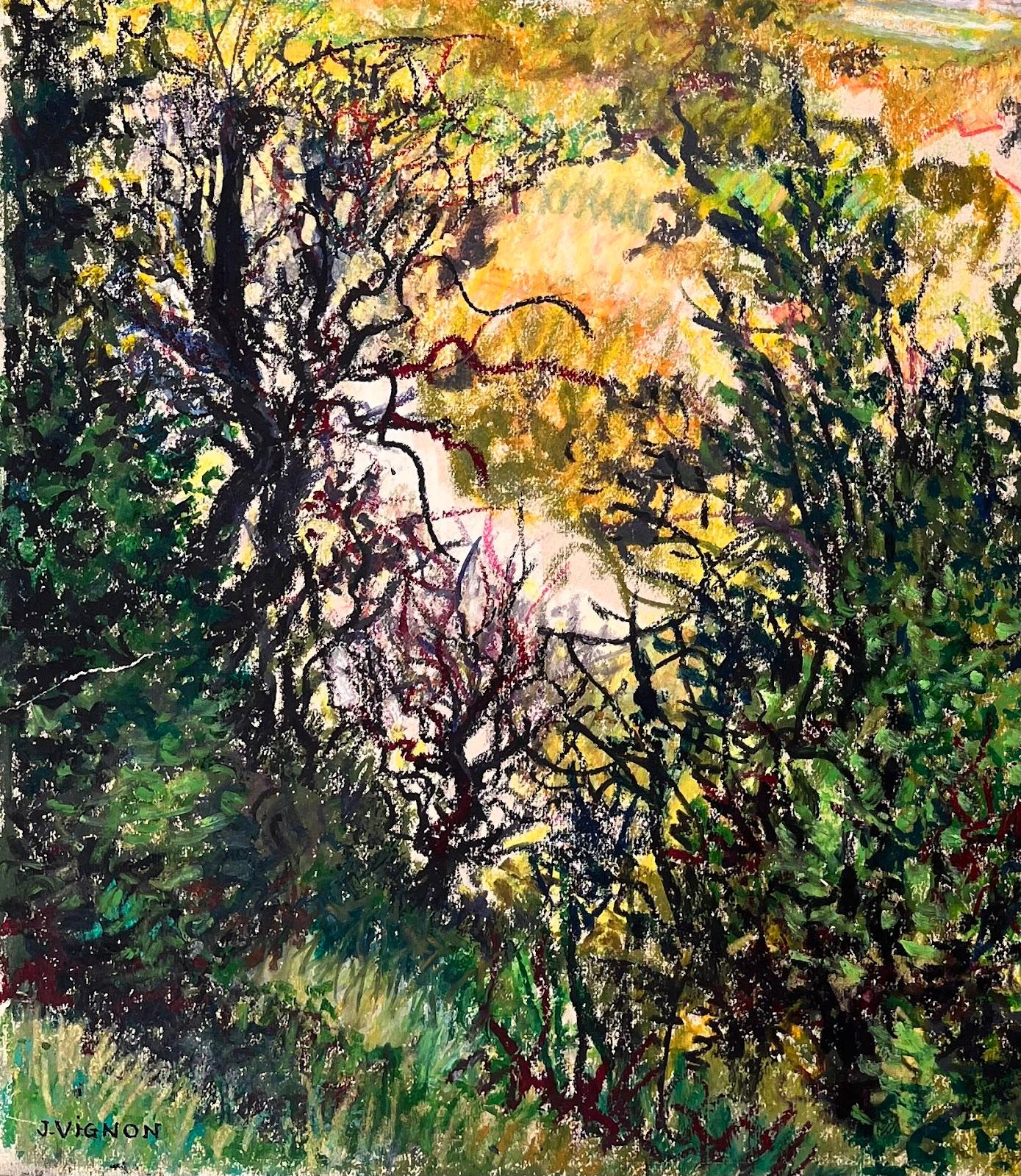 Französisches Original-Pastellgemälde aus der Mitte des Jahrhunderts, üppige Landschaft mit Bergansicht im Angebot 1