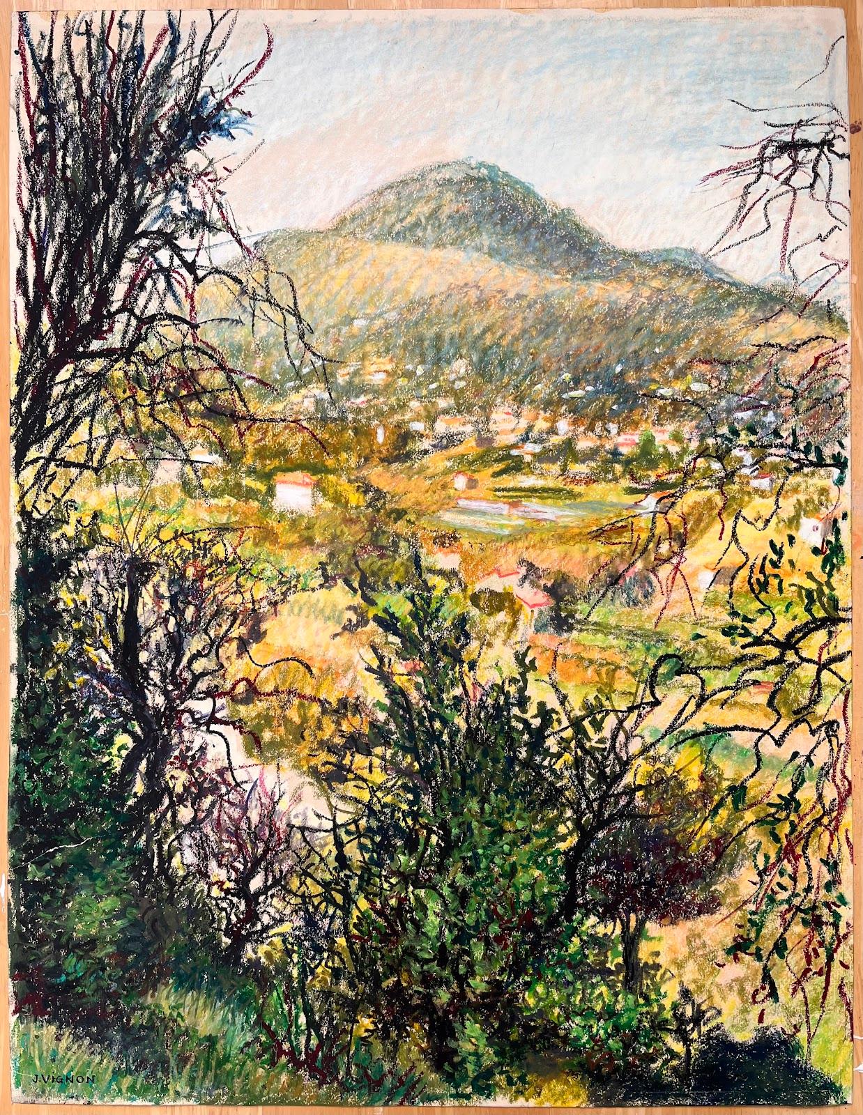 Mid Century French Original Pastel Painting, Lush Landscape with Mountain View