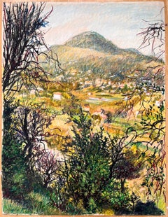 Pintura al pastel original francesa de mediados de siglo, Paisaje exuberante con vista a la montaña