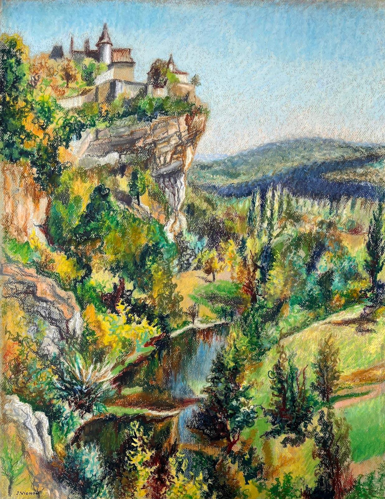 Französisches Original-Pastellgemälde aus der Mitte des Jahrhunderts mit einem Dorf in den Klippen – Painting von Josine Vignon