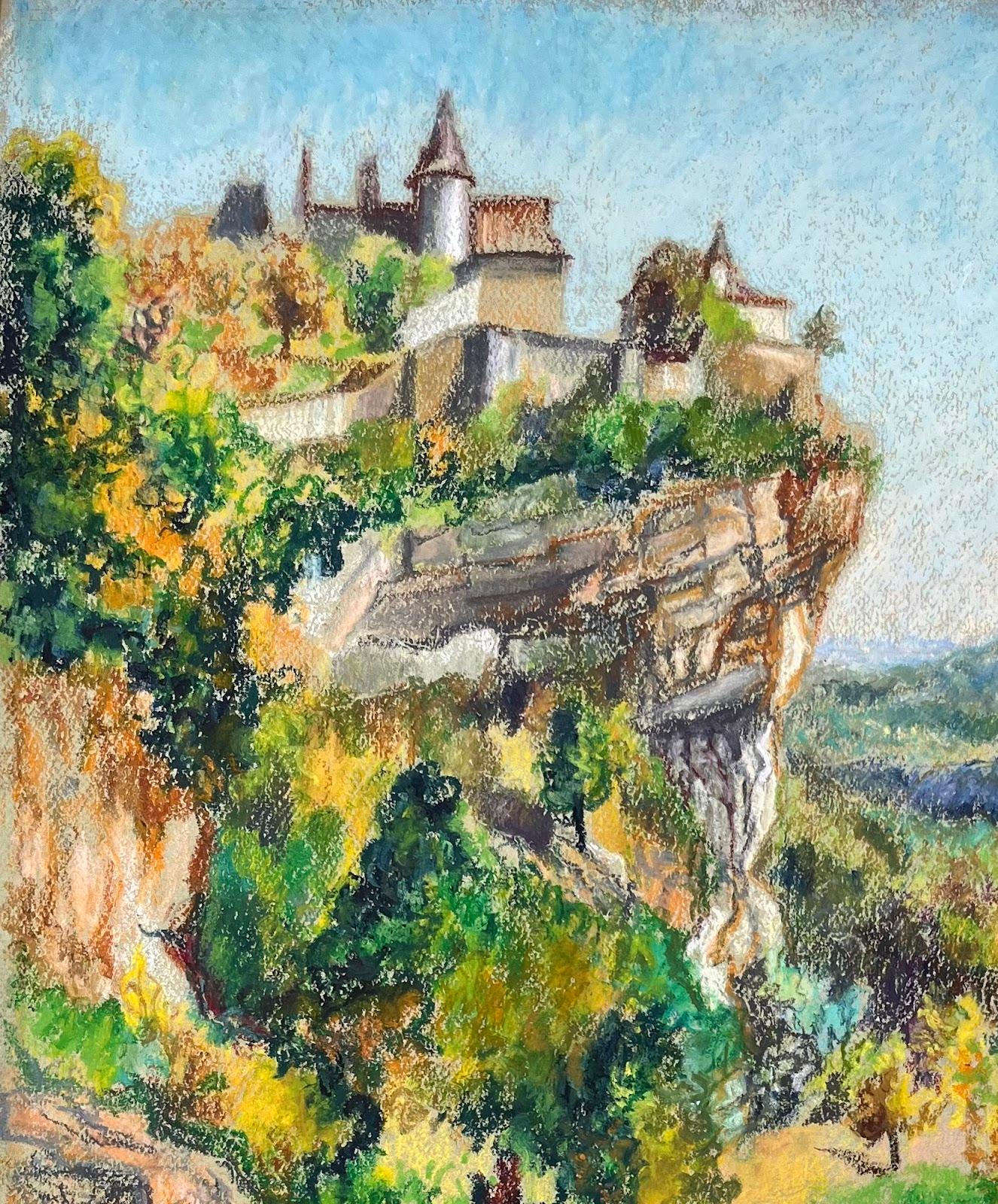 Französisches Original-Pastellgemälde aus der Mitte des Jahrhunderts mit einem Dorf in den Klippen (Impressionismus), Painting, von Josine Vignon