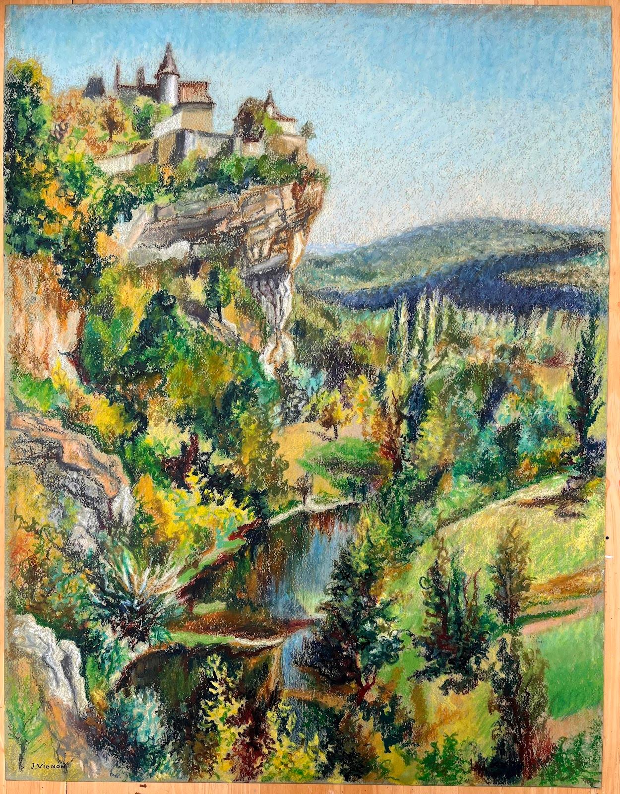 Mid Century French Original Pastel Painting of a Cliffside Village