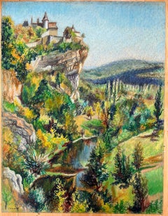 Pittura originale a pastello di un villaggio sulla scogliera della metà del secolo scorso