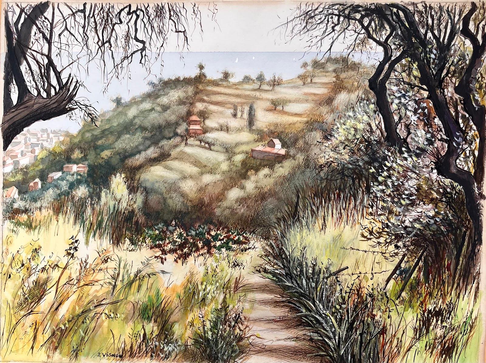 Pastel original français du milieu du siècle représentant une colline côtière - Painting de Josine Vignon