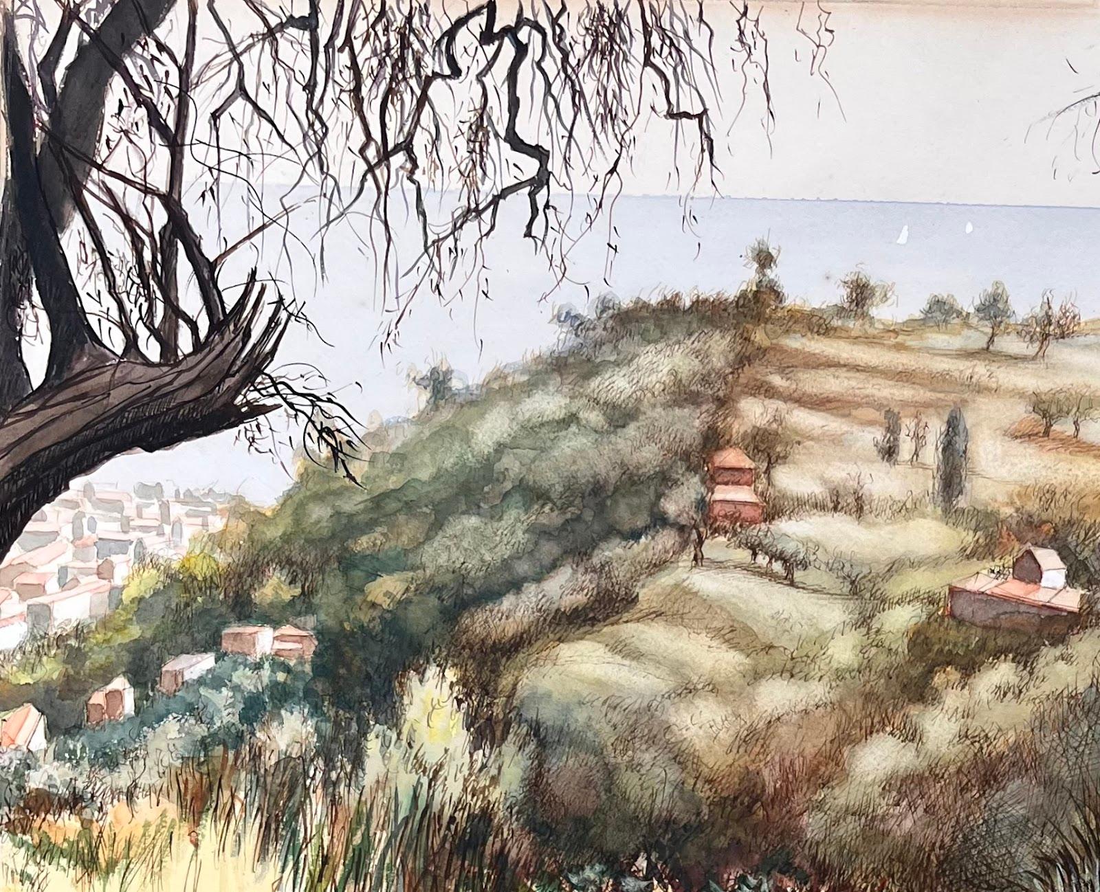 Pastel original français du milieu du siècle représentant une colline côtière - Impressionnisme Painting par Josine Vignon