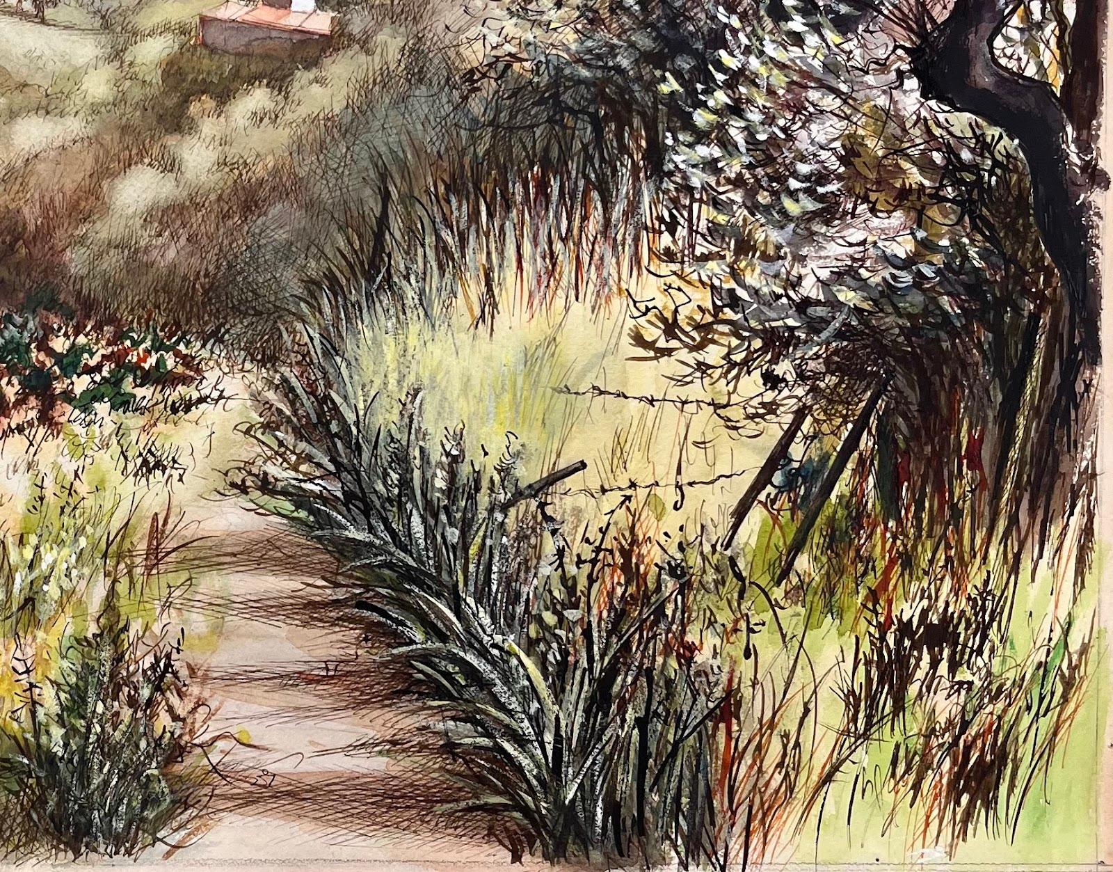 Pastel original français du milieu du siècle représentant une colline côtière - Beige Landscape Painting par Josine Vignon