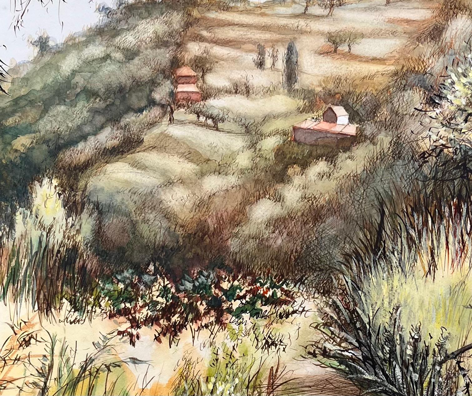 Pastel original français du milieu du siècle représentant une colline côtière en vente 1