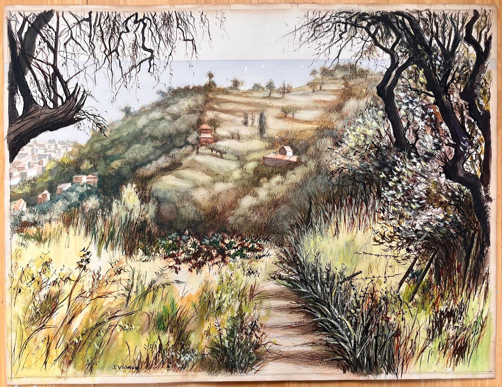 Landscape Painting Josine Vignon - Pastel original français du milieu du siècle représentant une colline côtière