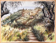 Pastel original français du milieu du siècle représentant une colline côtière