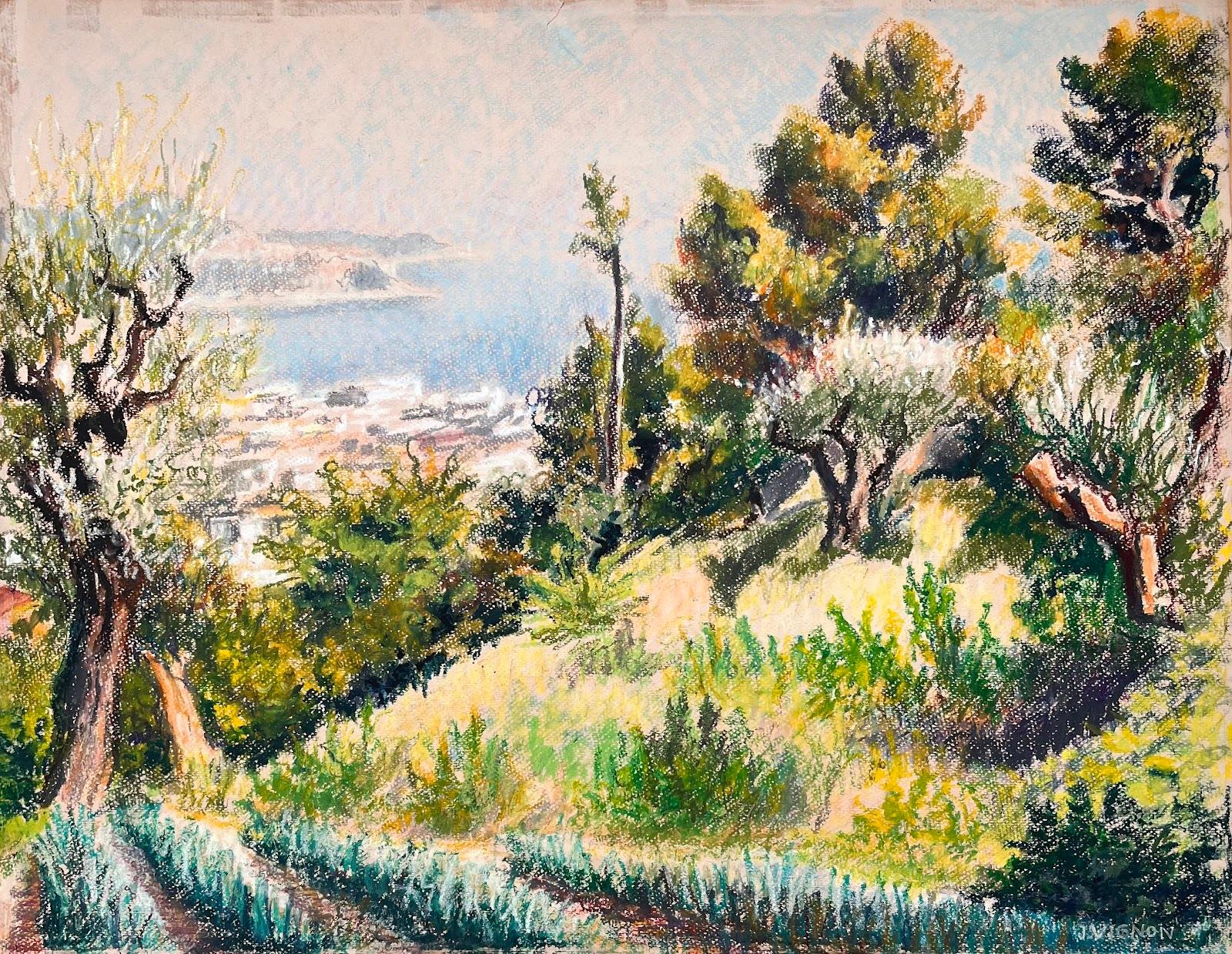 Dipinto originale a pastello della metà del secolo scorso, raffigurante una veduta costiera con alberi di ulivo - Painting di Josine Vignon