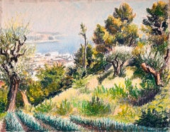 Mid Century French Original Pastel Painting of a Coastal View with Olive Trees