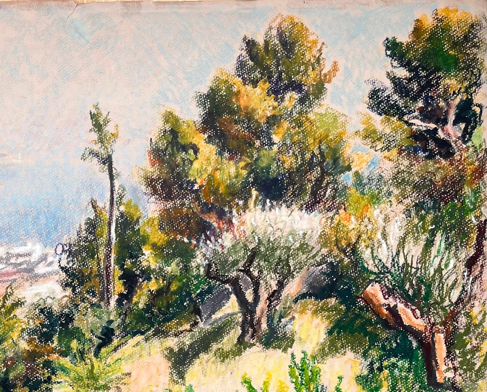 Dipinto originale a pastello della metà del secolo scorso, raffigurante una veduta costiera con alberi di ulivo - Landscape Painting Beige di Josine Vignon