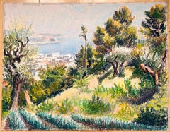 Pintura al pastel original francesa de mediados de siglo sobre una vista costera con olivos