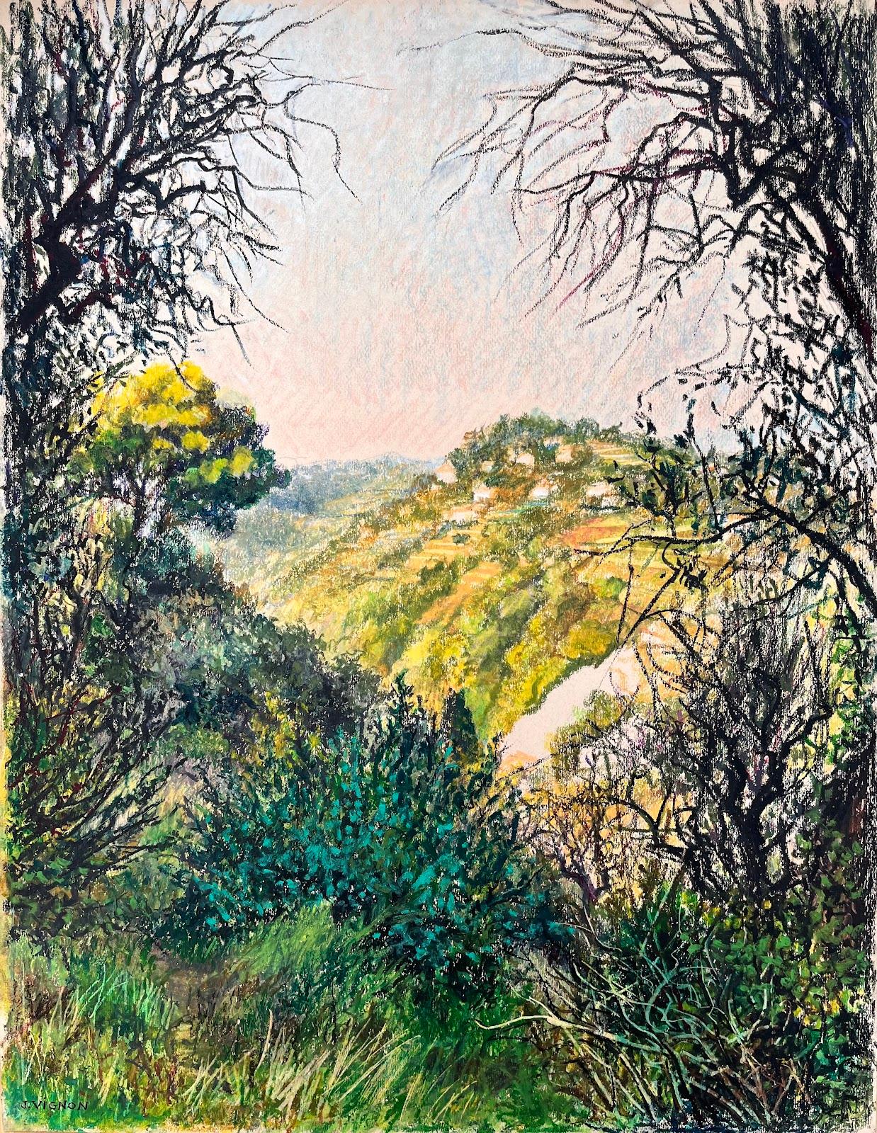 Mid Century Französisch Original Pastell Gemälde eines Hillside Landschaft – Painting von Josine Vignon