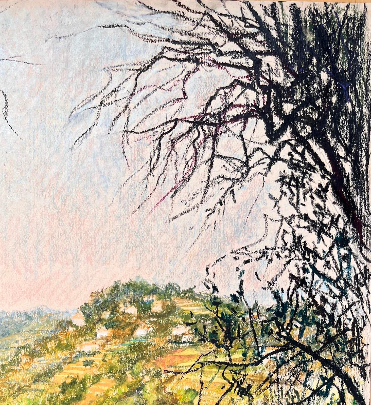 Mid Century Französisch Original Pastell Gemälde eines Hillside Landschaft (Impressionismus), Painting, von Josine Vignon