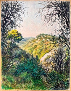 Mid Century French Original Pastel Painting of a Hillside Landscape