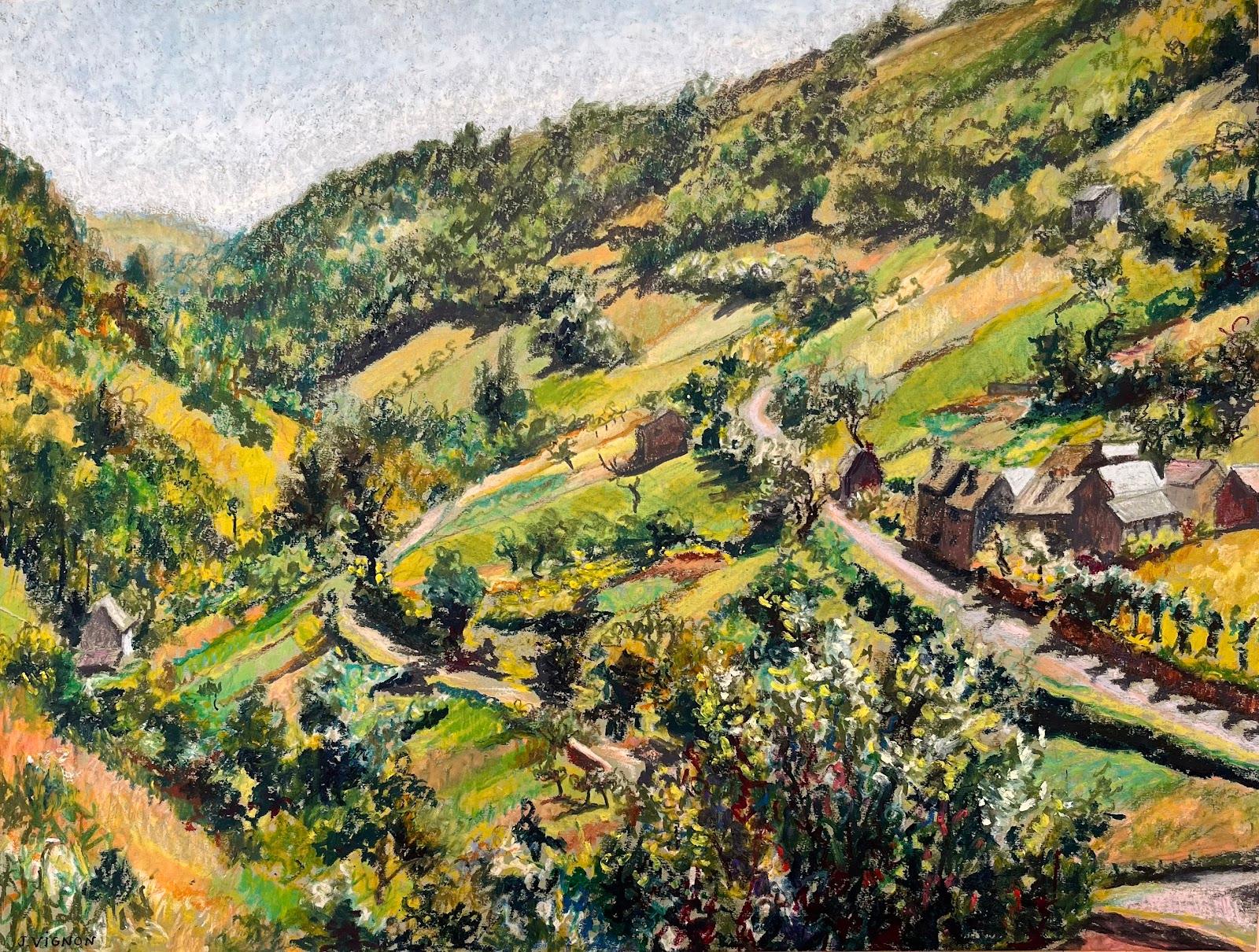 Pintura al pastel original francesa de mediados de siglo sobre un exuberante paisaje campestre - Painting de Josine Vignon
