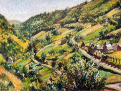 Pintura al pastel original francesa de mediados de siglo sobre un exuberante paisaje campestre