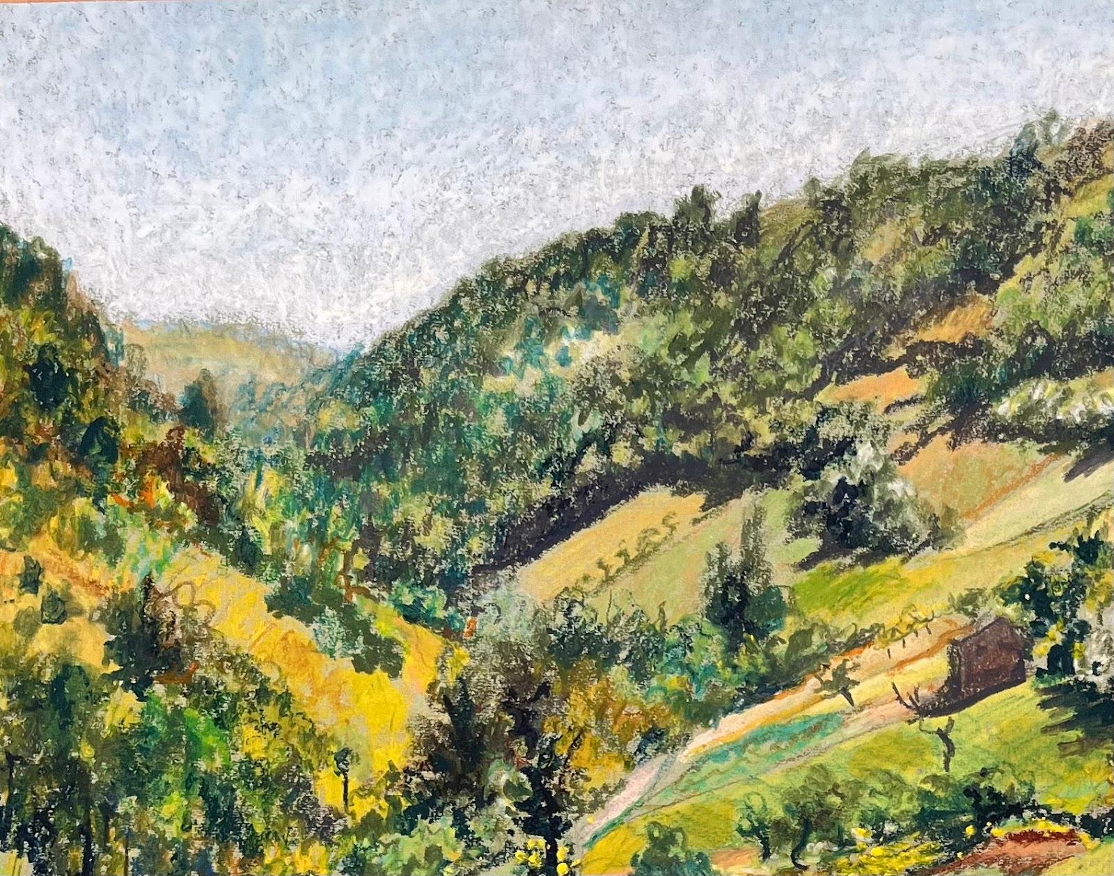 Pintura al pastel original francesa de mediados de siglo sobre un exuberante paisaje campestre - Painting Impresionista de Josine Vignon