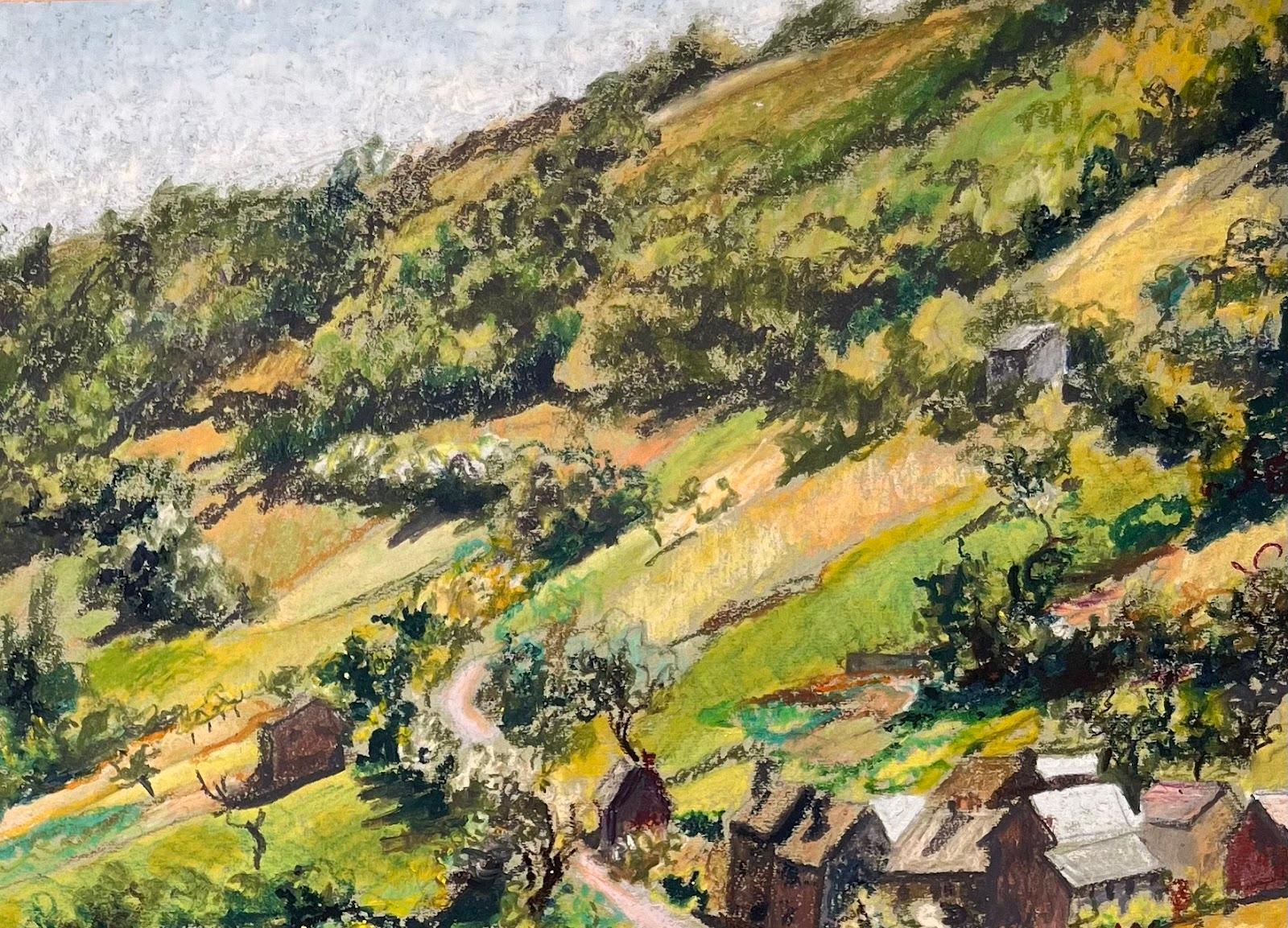Pintura al pastel original francesa de mediados de siglo sobre un exuberante paisaje campestre - Landscape Painting Marrón de Josine Vignon