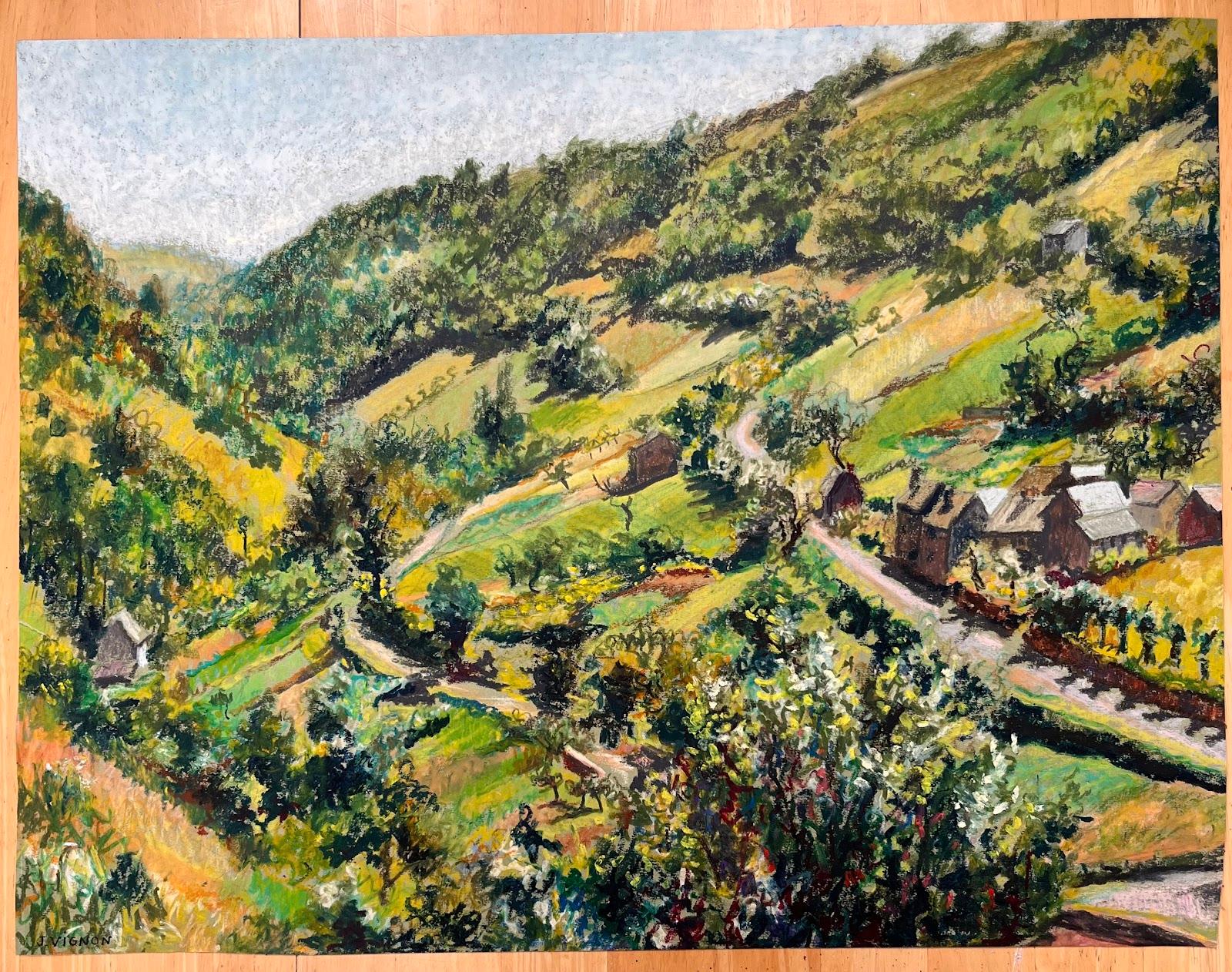 Landscape Painting de Josine Vignon - Pintura al pastel original francesa de mediados de siglo sobre un exuberante paisaje campestre