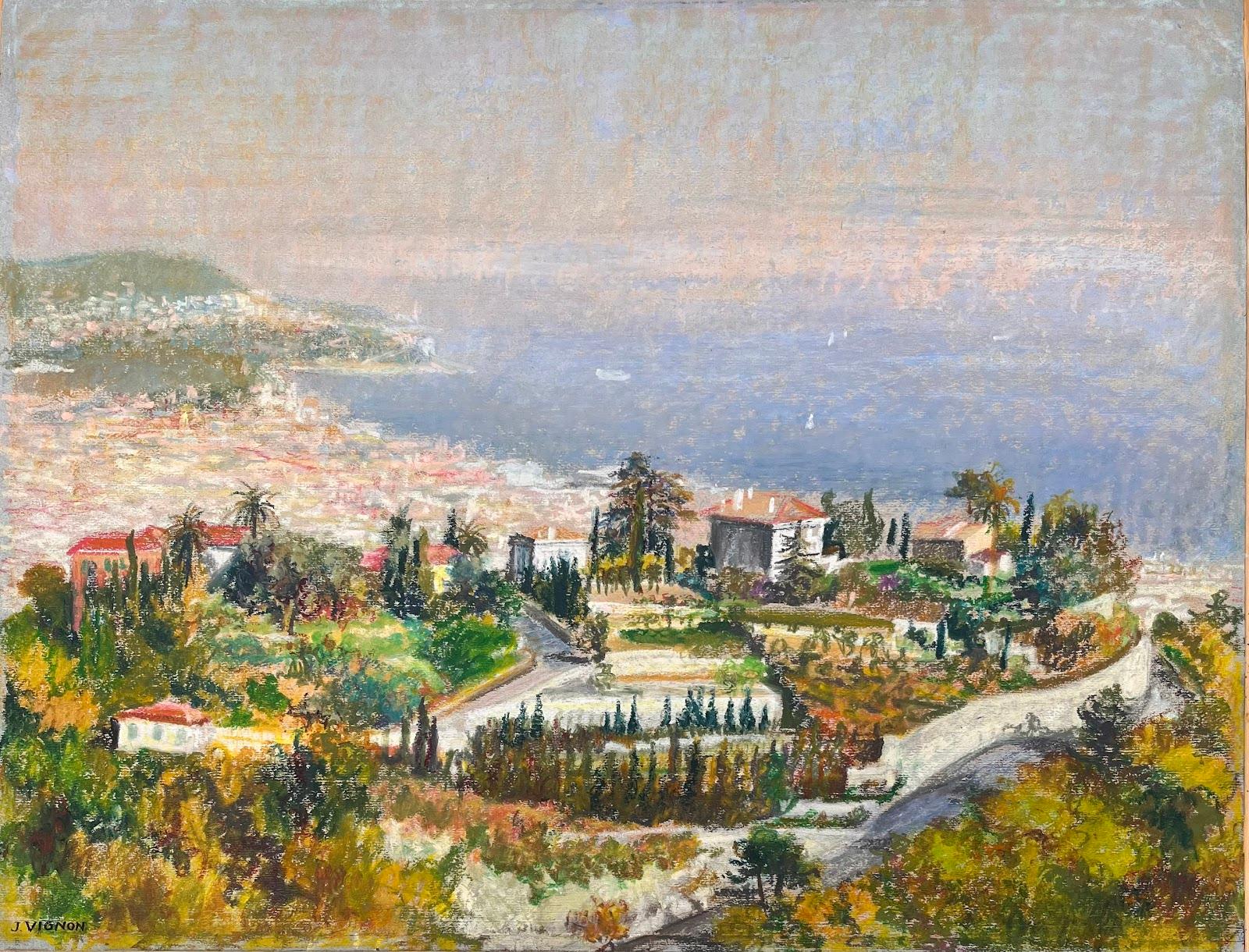 Pittura originale a pastello di metà secolo francese raffigurante una veduta costiera mediterranea - Painting di Josine Vignon