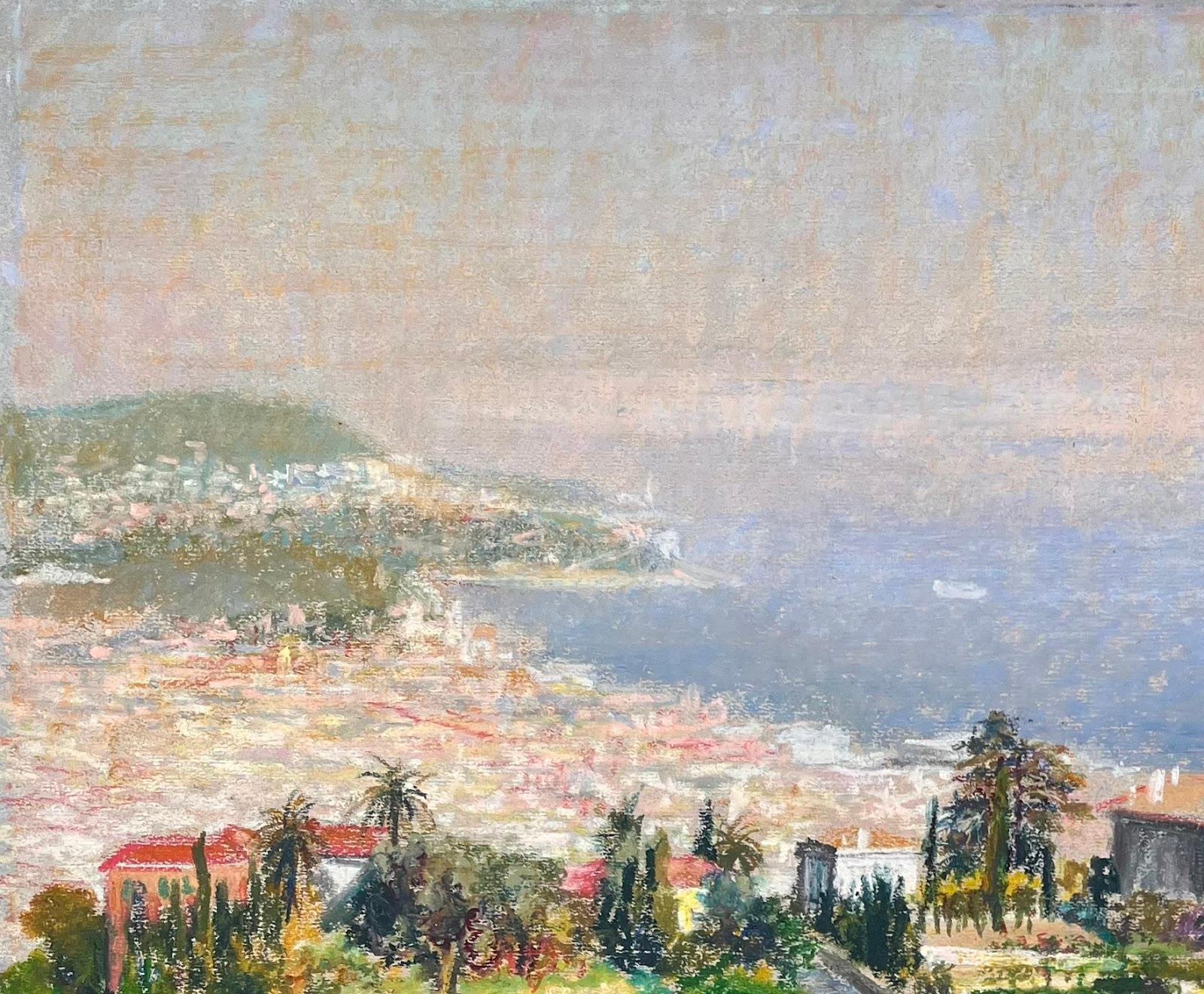 Pittura originale a pastello di metà secolo francese raffigurante una veduta costiera mediterranea - Painting Impressionismo di Josine Vignon