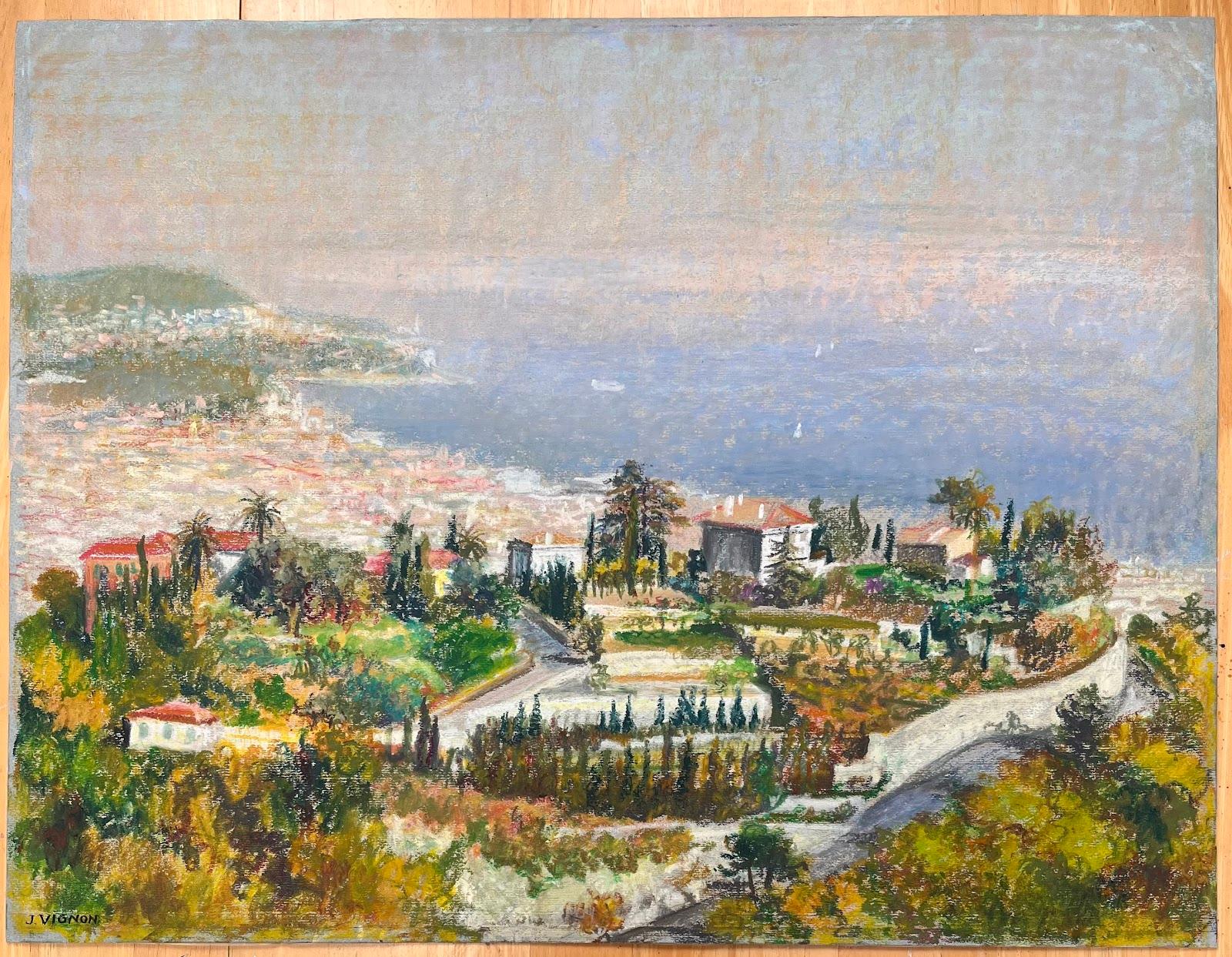 Landscape Painting di Josine Vignon - Pittura originale a pastello di metà secolo francese raffigurante una veduta costiera mediterranea
