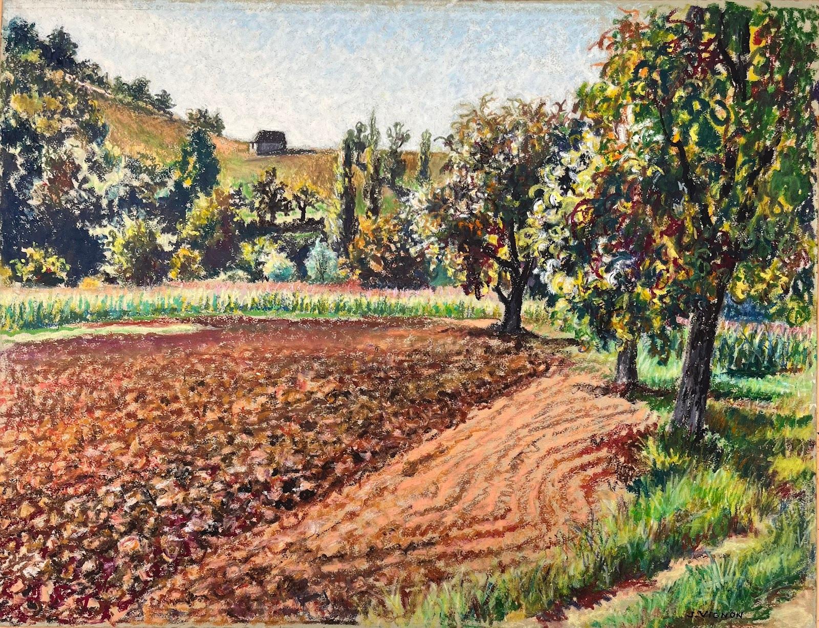 Originales pastellfarbenes Originalgemälde eines Plowed Field and Orchard aus der Mitte des Jahrhunderts – Painting von Josine Vignon