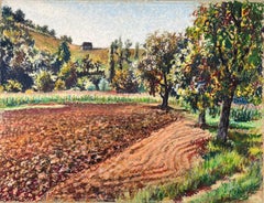 Mid Century French Original Pastel Painting of a Plowed Field and Orchard