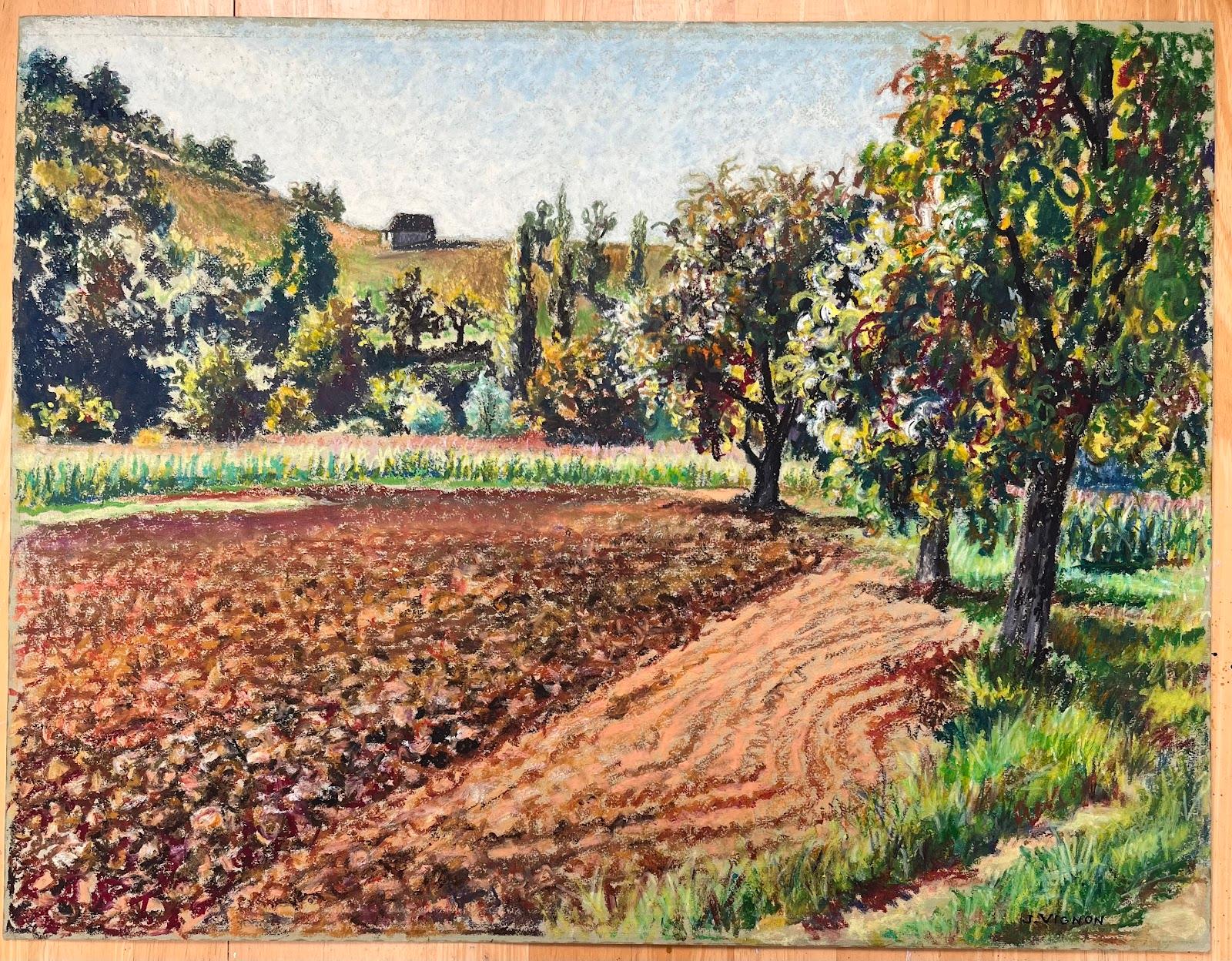 Josine Vignon Landscape Painting – Originales pastellfarbenes Originalgemälde eines Plowed Field and Orchard aus der Mitte des Jahrhunderts