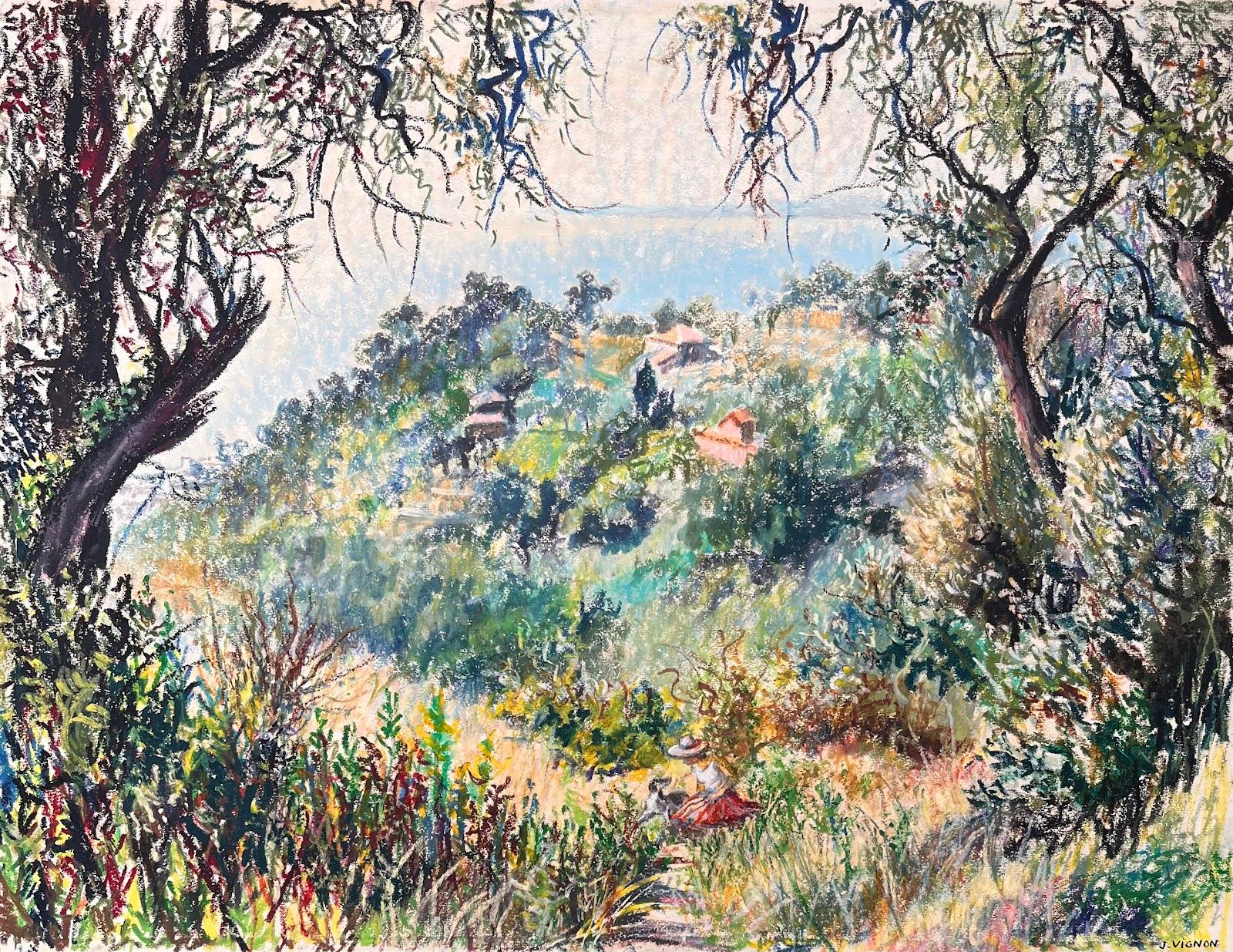 Mid Century French Original Pastel Painting of a Summer Landscape (1979) - Brown Landscape Painting by Josine Vignon