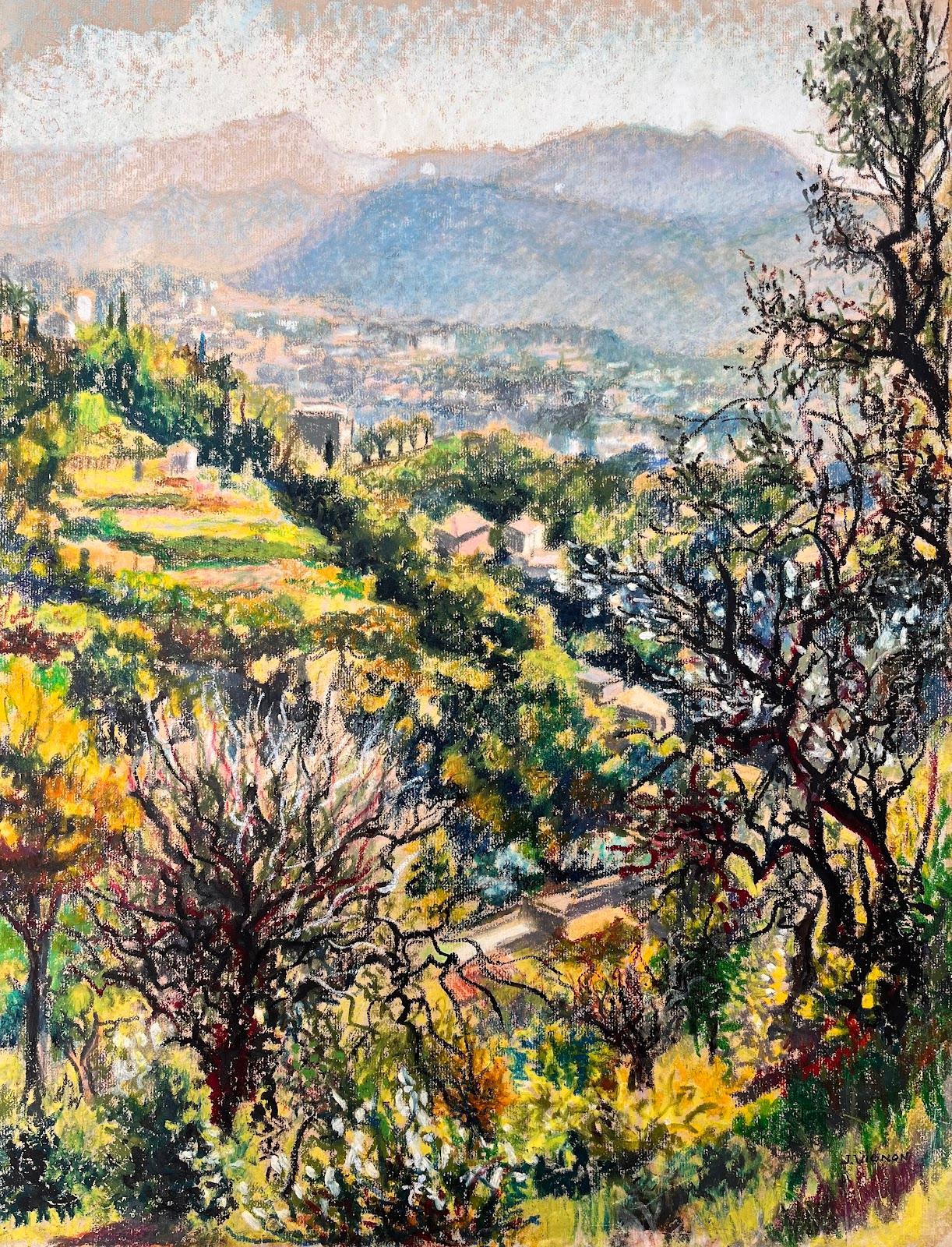 Pintura al pastel original francesa de mediados de siglo sobre un vibrante paisaje urbano de ladera - Painting de Josine Vignon