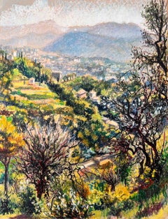 Mid Century French Original Pastel Painting of a Vibrant Hillside Cityscape